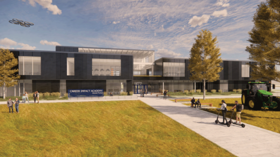 A rendering of the outside of the career impact academy depicts a big, modern building with tall grass out front and a tractor parked in the grass. People a placed throughout the rendering walking on the sidewalk and grass. A drone flies in the sky.