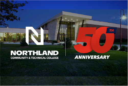 A photo of the outside of the East Grand Forks Campus for Northland Community and Technical College with the NCTC logo and and special logo that reads 50th Anniversary.
