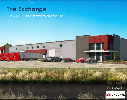 A rendering of the proposed industrial warehouse called The Exchange by enclave. The point of view is of the front corner of the building with a tractor trailer backed up to rolling garage doors with cars parked out front in a parking lot.