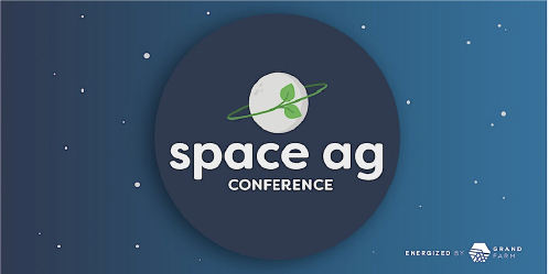 A circle representing a planet is surrounding by dots representing stars in space. On the center of the circle is the Space Ag Conference logo.