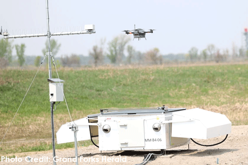 A meteodrone is launched during a demonstration at GrandSKY Tuesday. The aircraft will fly multiple times a day to collect data up to an altitude of 9,000 feet to support UAS flights.