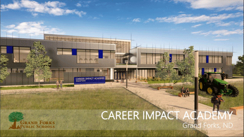 A rendering of the Career Impact Academy in Grand Forks North Dakota shows a modern two story building with a boxy metal and glass finish. A sidewalk leads up to the main entrance with a John Deere tractor on the lawn.