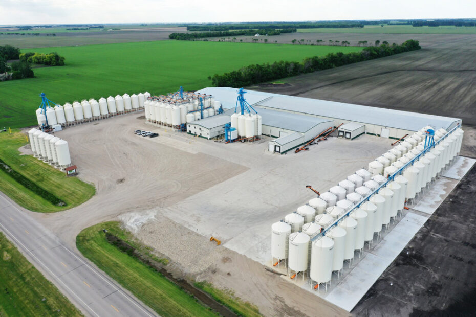 An aerial shot overlooking Northern Tier Seed grain bins and buildings in Thompson, ND.