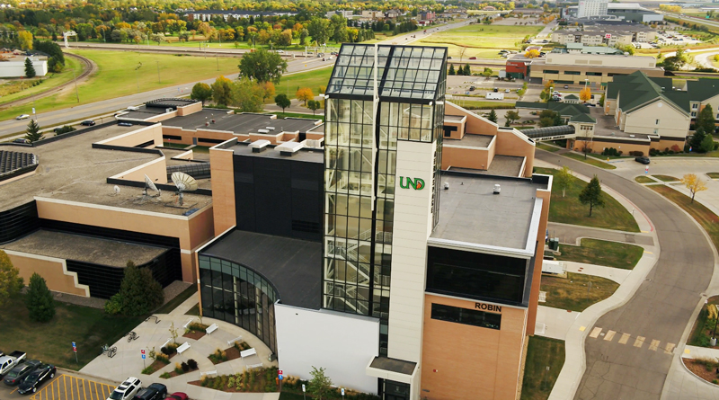 A birds eye view of Robin Hall on UND's campus looking south.