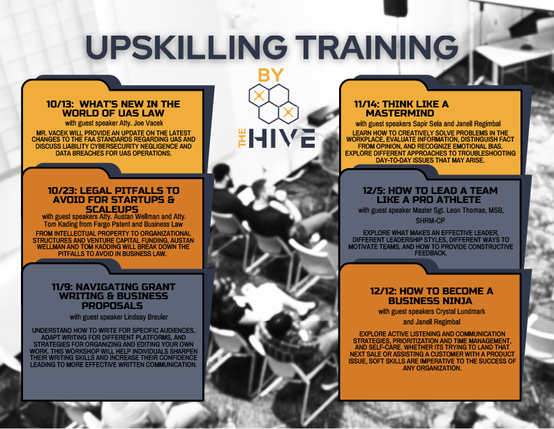 A promotional graphic for UpSkilling Training with The HIVE, the UAS tech accelerator.