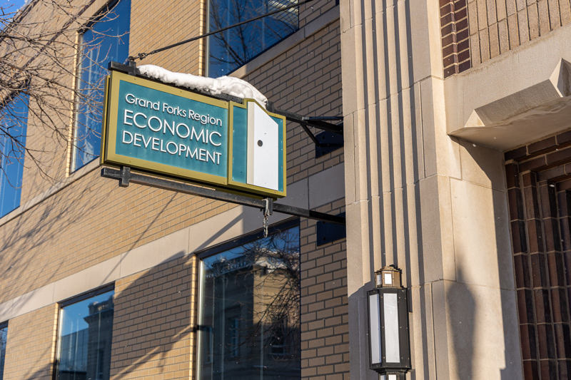 The entrance sign above the Grand Forks Region Economic Development Corporation office.