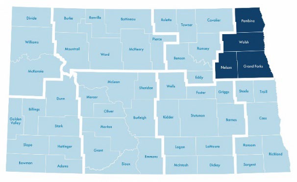 North Dakota counties are broken up into 8 different regions.