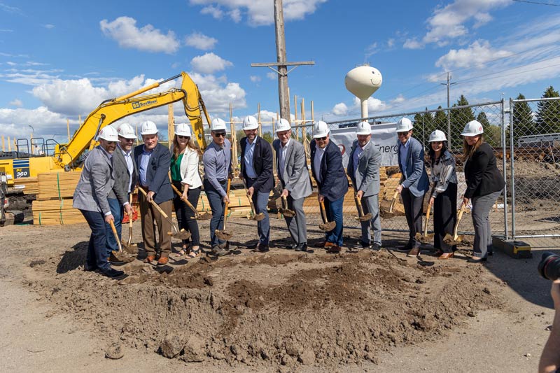 A group of Xcel Energy leaders and City of Grand Forks leaders stand together with shovels of dirt for the groundbreaking of the Xcel Energy Grand Forks Service Center on Wednesday, May 8th, 2024.