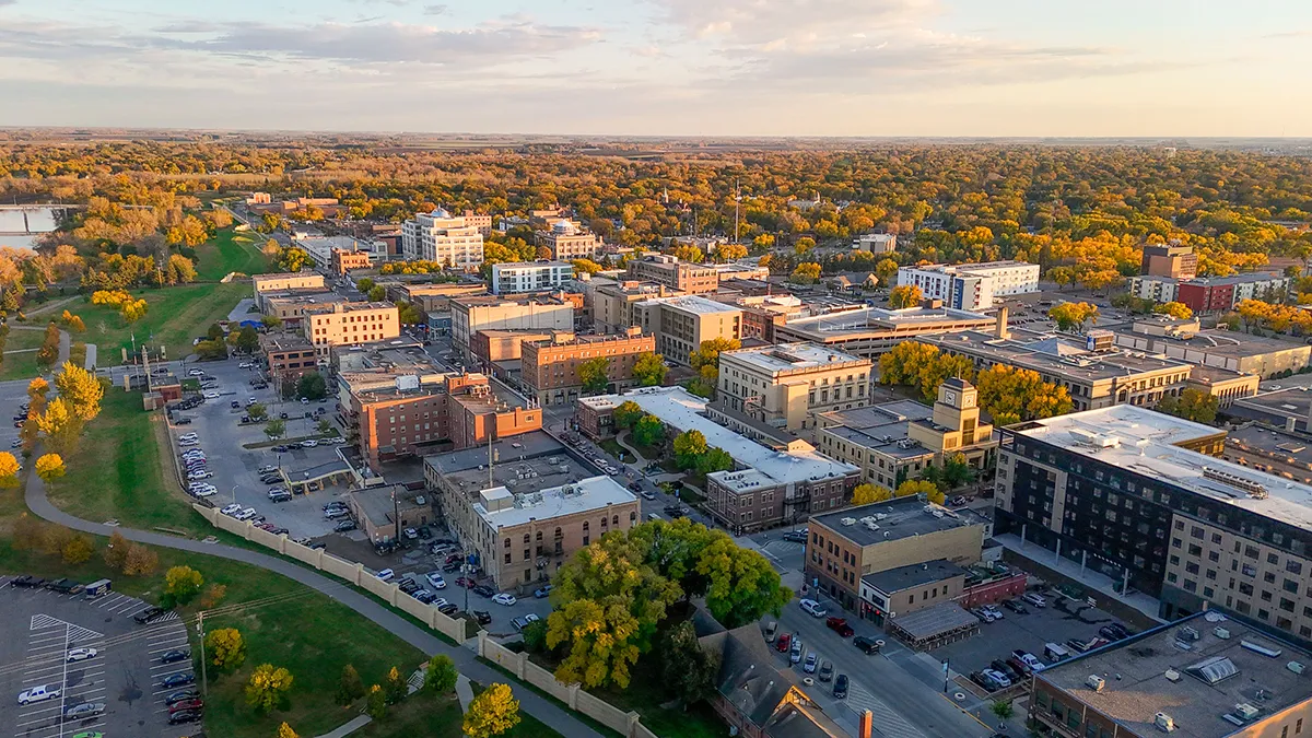 A drone photo of downtown Grand Forks.