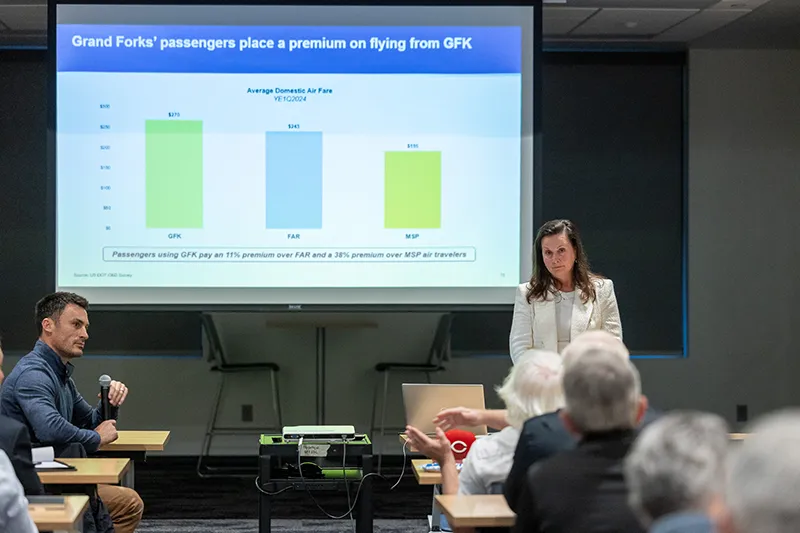 A presenter stands in front of a classroom with a projector behind her about the Grand Forks International Airport and air travel as Mayor Brandon Bochenski holds a microphone seated at a table at the front of the room.