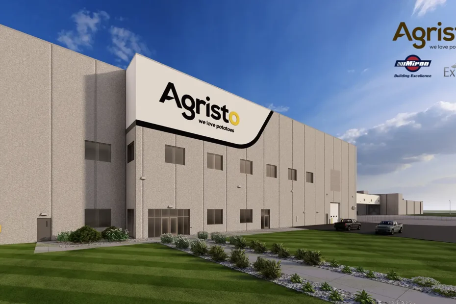 Rendering of the Agristo facility's front entrance with landscaped lawn, walkway, and the Agristo logo above the main doors.