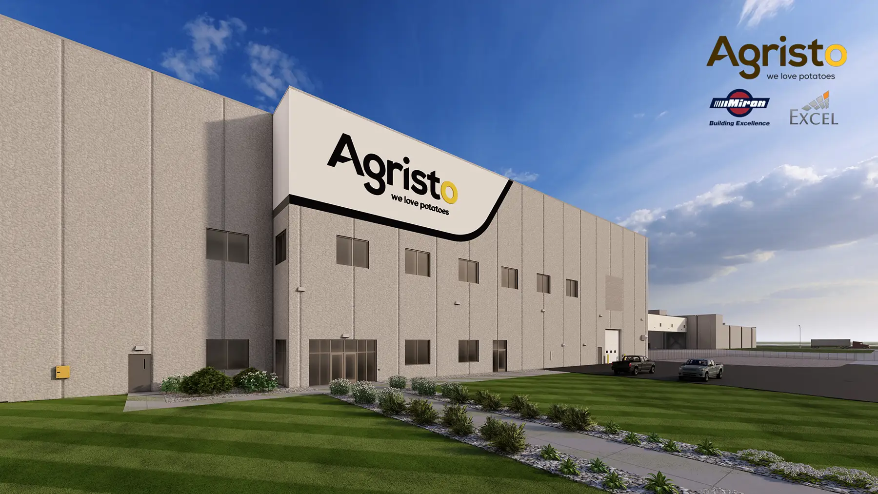 Rendering of the Agristo facility's front entrance with landscaped lawn, walkway, and the Agristo logo above the main doors.