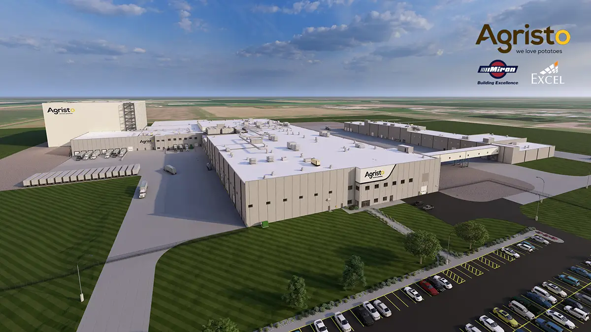 Aerial rendering of the Agristo facility showing the full building complex, parking lot, and surrounding fields.