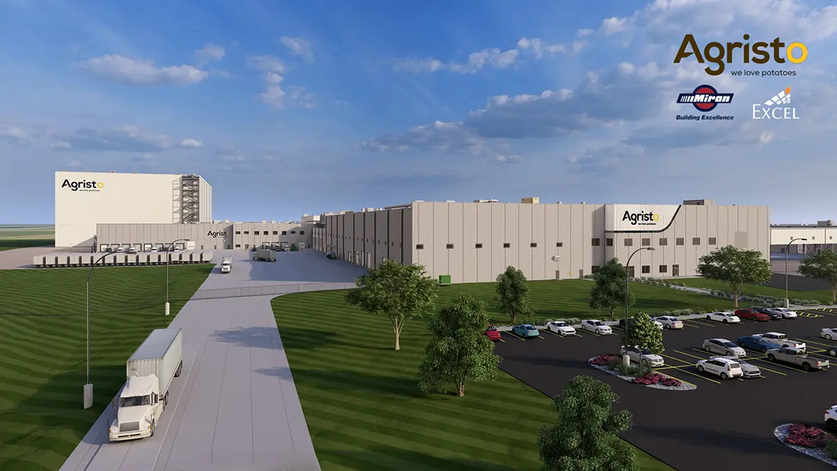 Rendering of the Agristo facility's loading dock side, with a semi-truck on the entry drive and parked cars in the lot.
