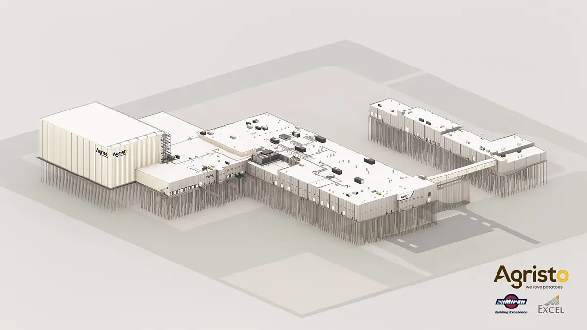 3D structural rendering of the Agristo facility showing the building's foundation piling and layout before exterior completion.