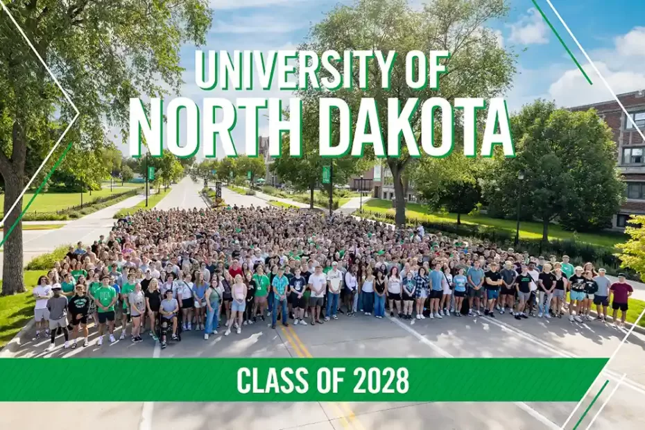 The Class of 2028 at the University of North Dakota stand together for a group photo on University Avenue.