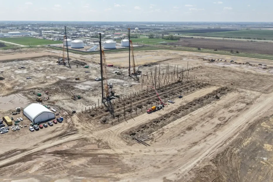 A drone shot of the construction site for the Grand Forks Agristo Potato Processing Facility.