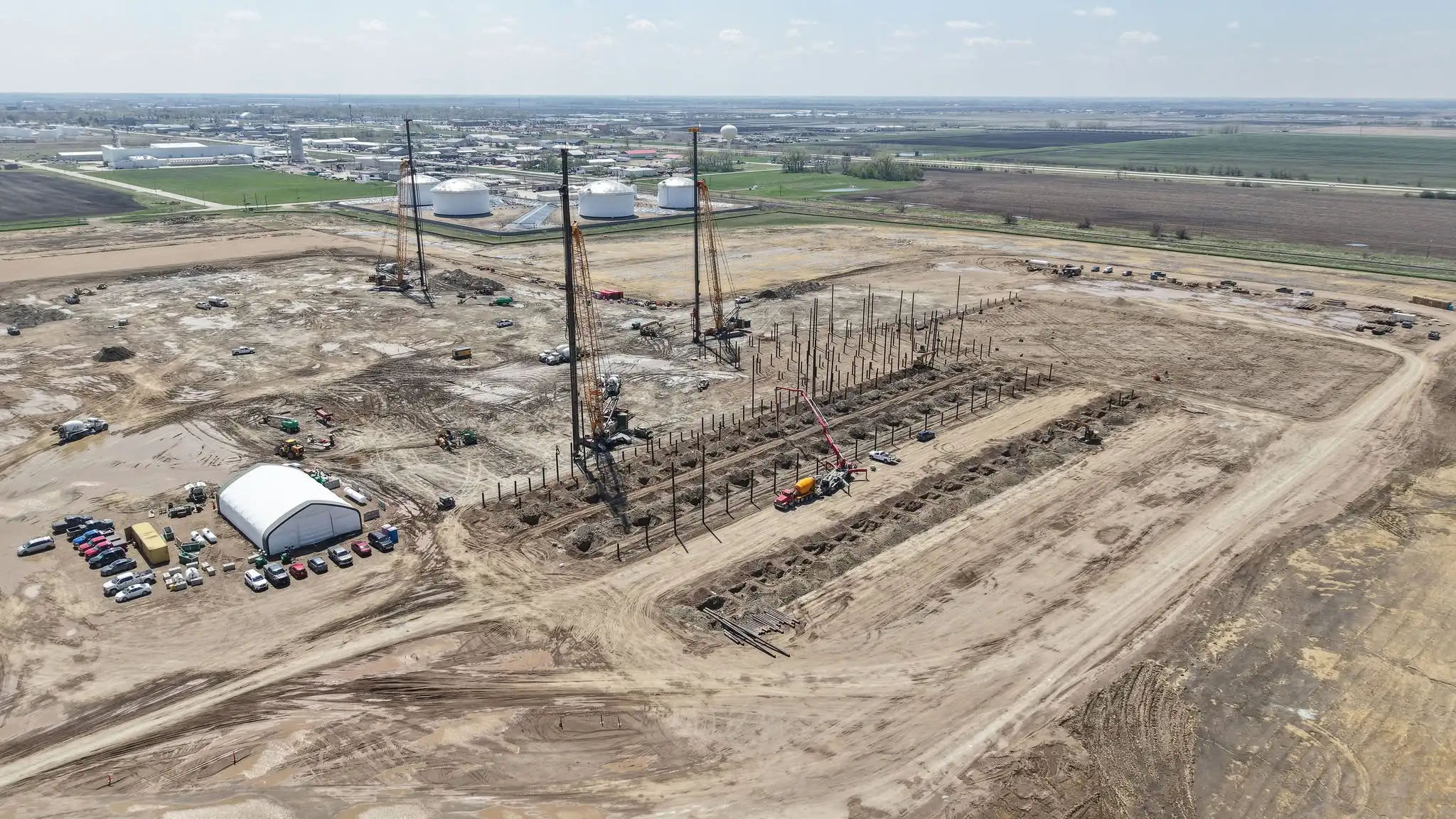 A drone shot of the construction site for the Grand Forks Agristo Potato Processing Facility.