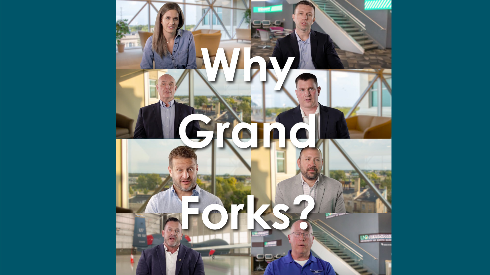 A group of 8 people together each setup with an interview seat with the words why grand forks?