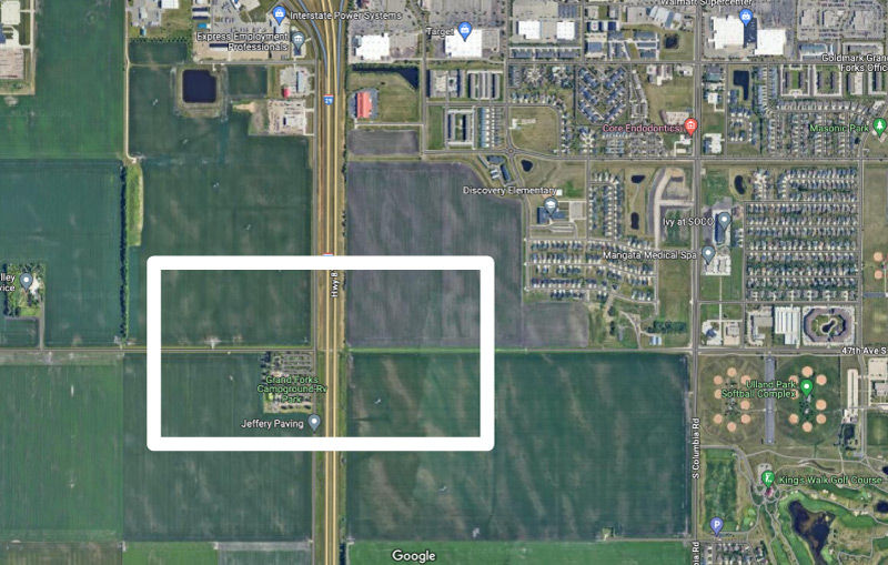 A satellite image of Grand Forks with a box around Interstate 29 and 47th ave s where the new interchange would be constructed.