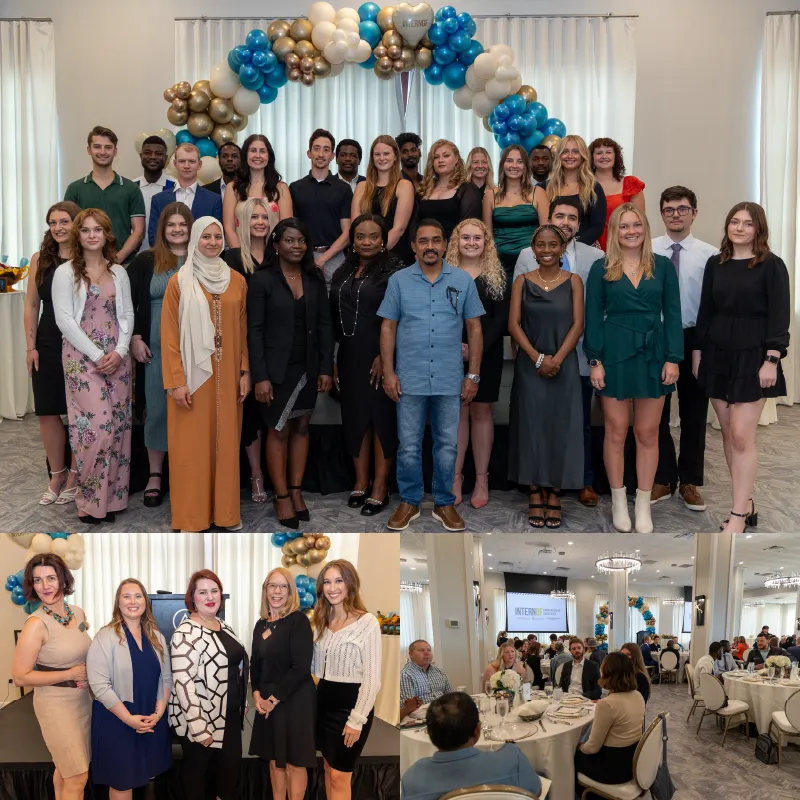 A collage of photos from the InternGF Summer Internship Cohort program graduation. It includes group photos of all participants, planning committee, and the banquet space where the event was hosted.