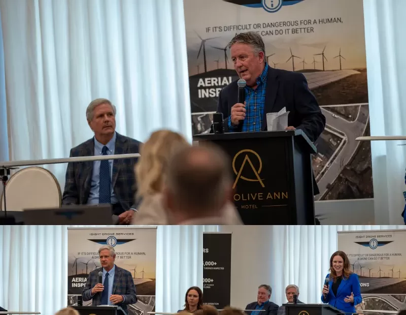 A collage of photos from the iSight Drone Services press conference on August 8th at the Cloud 9 Events space. Photos include Tommy Kennville, Senator Hoeven, and Erin Roesler speaking at the podium.