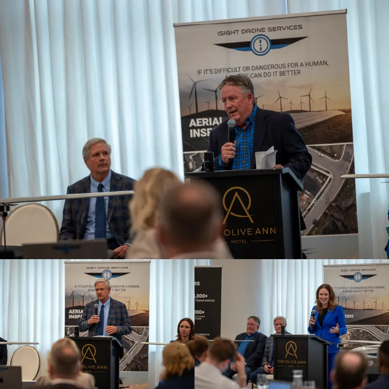 A collage of photos from the iSight Drone Services press conference on August 8th at the Cloud 9 Events space. Photos include Tommy Kennville, Senator Hoeven, and Erin Roesler speaking at the podium.