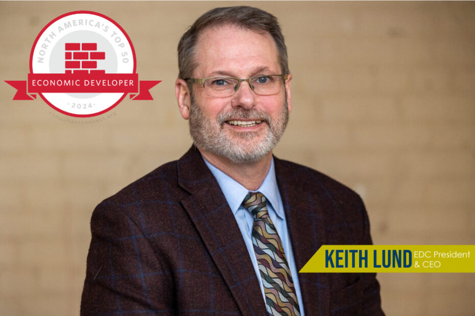 Keith Lund headshot with the North America's Top 50 Economic Developer logo.