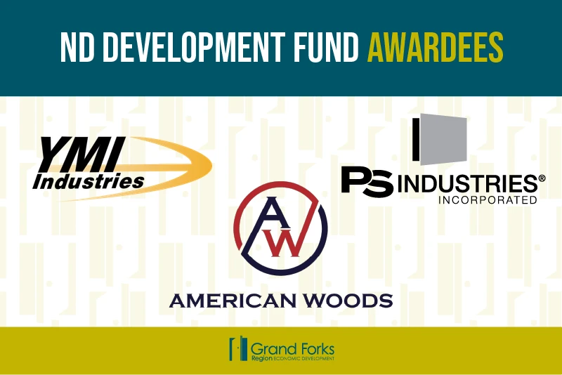 A graphic that reads, ND DEVELOPMENT FUND AWARDEES AUTOMATE ND FUNDS TOTALING $448,887 and the logos of YMI Industries, PS Industries Incorporate, American Woods, and the Grand Forks Region EDC.