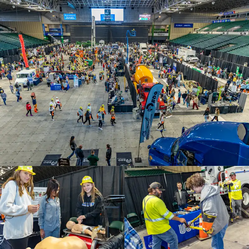 A collage of photos from the Northern Valley Career Expo. The top photo depicts the Alerus Center arena floor filled with vendors and students walking through the aisles. The bottom two photos depict students completing hands-on activities including administering CPR and cutting a large wire.