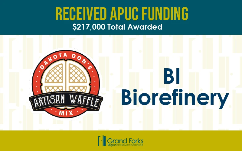 Graphic reads, "RECEIVED APUC FUNDING $217000 TOTAL AWARDED" with the logos for Dakota Don's Artisan Waffles and the words BI Biorefinery.