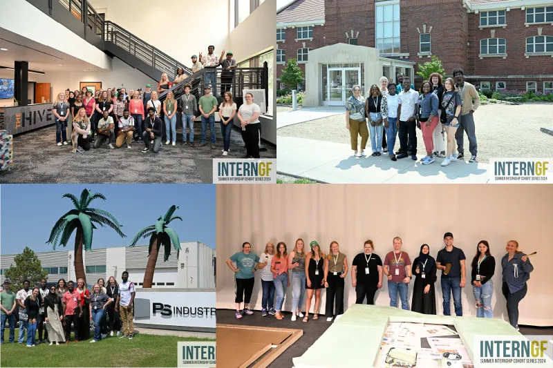 A collage of group photos of InternGF Summer Cohort Series interns standing together during the two sessions during July.