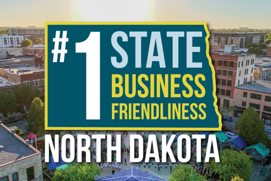 Mixed media graphic that reads, "#1 state business friendliness, North Dakota"
