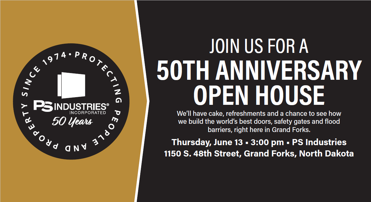 The invitation for the PS Industries 50th Anniversary Open House on June 13 at 3 pm at their s 48th St location.